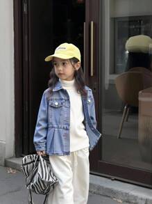 SHEIN Playful Pals 年轻女孩牛仔夹克和外套，复古水洗中长牛仔夹克，休闲宽松女孩牛仔夹克，荷叶边下摆，中蓝色，柔软舒适的牛仔面料，适合日常穿着，秋冬新品 - 中等水洗藍 - 查看 5