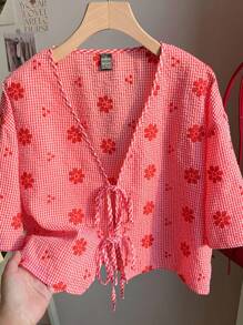 Comfortcana Camicia da donna con colletto a farfalla ricamato a fiori in maglia a quadri rossi, adatta per i primi mesi d'autunno, taglie comode