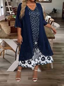EMERY ROSE Bộ 2 váy dây đan họa tiết thanh lịch cỡ lớn dành cho nữ và áo len cardigan nhẹ - Màu xanh hải quân - Xem 4