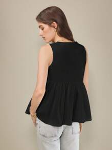 Muvela Blusa elegante da donna con scollo rotondo, volant e orlo senza maniche, bianca tinta unita, top estivo elegante per signore