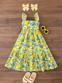 SHEIN 年轻女孩柠檬印花荷叶边袖长裙，暑假，妈妈和女儿及姐妹搭配风格，适合家庭度假，假期，海滩度假， - 彩色 - 查看 1