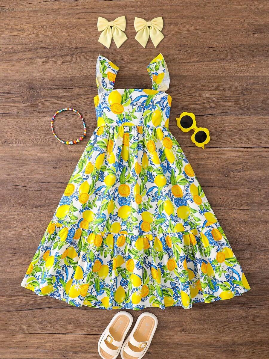 SHEIN 年轻女孩柠檬印花荷叶边袖长裙，暑假，妈妈和女儿及姐妹搭配风格，适合家庭度假，假期，海滩度假， - 彩色 - 查看 1