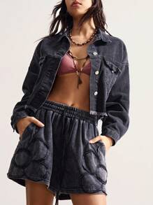 Bohemela 波西米亚复古乡村度假宽松松紧腰绣花口袋水洗棉女短裤女式短裤两件套短裤女式运动短裤休闲短裤 - 黑色 - 查看 5