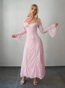 Sweetina Đầm dài hở lưng phối lưới ren chắp vá có gọng - Hồng - Xem 6