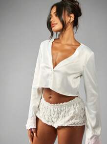 MISSGUIDED Premium Satin Button Front Crop Blouse Lace Bell Sleeve Wedding Bridal Bridesmaid Special Occasion Elegant Evening Party Top - White - View 6