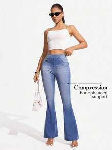 SHEIN Unity Women High Waisted Pocket Flare Casual Versatile Denim Jeans - Light Wash - View 3