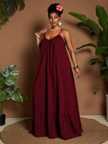 Maweii Plus Size Women Casual Vacation Daily Solid Color Versatile Summer Spaghetti Strap Off Shoulder Pleated Patchwork Loose Flowy Maxi Dress