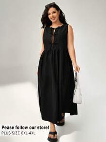 Auralis Robe de mode de base noire sans manches à grande taille avec nœud pour femme - Noir - Voir 2