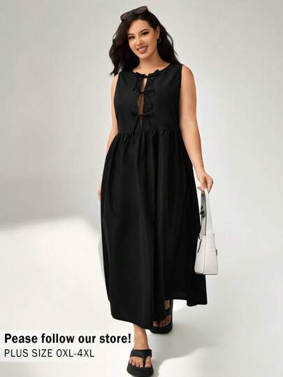 Auralis Women's Plus Size Black Sleeveless Basic Style Fashion Dress With Bow Tie Waist