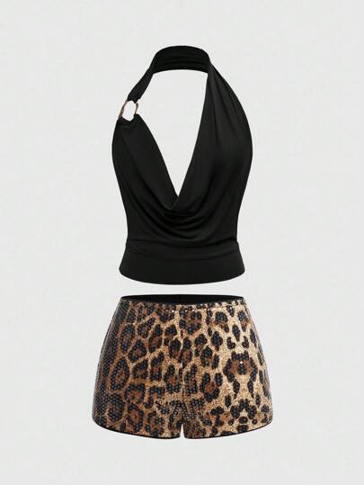 Grunge Punk Ensemble de 2 pièces femme, top débardeur à encolure drapée de couleur unie et short léopard pailleté,