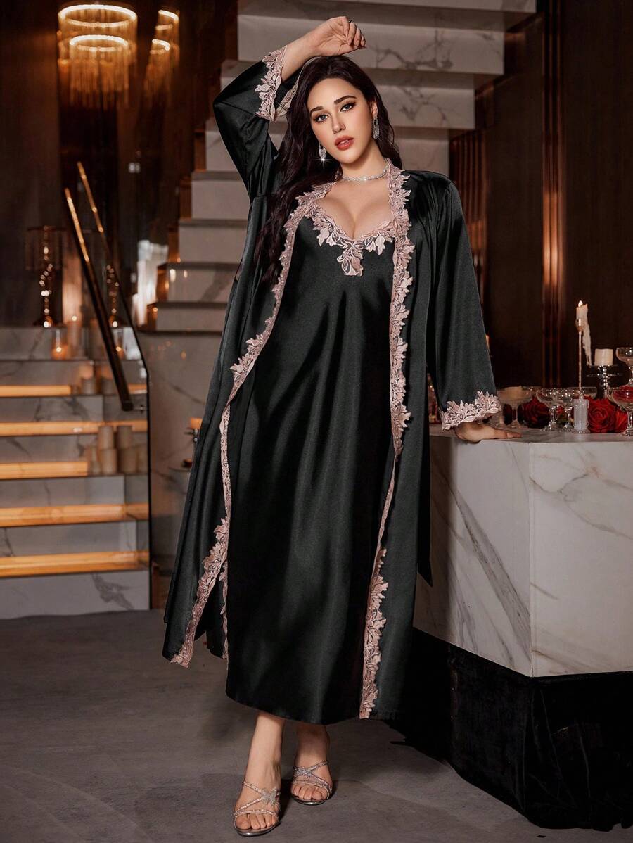 SHEIN 2pcs Plus Size Contrast Lace Trim Satin Look Slip Dress And Robe Set Silk Dress Robe Set Silk Sleepwear Dress With Robe Lace Trim Silk Robe - Black - View 1