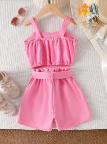 2 pièces Ensemble fille (petit) - Débardeur rose avec décoration florale 3D et ceinture de taille, ensemble short, été