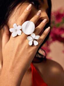 SHEIN SXY 3pcs/Set White Flower Design Rings, Suitable For Daily Wear - White - View 8