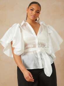 Vixey 透明欧根纱泡泡袖纽扣式透明上衣（配腰带） - 白色 - 查看 2