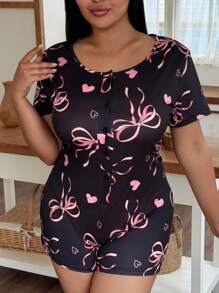 SHEIN Plus Size Bow & Heart Print Fitted Sleep Jumpsuits - Black - View 4
