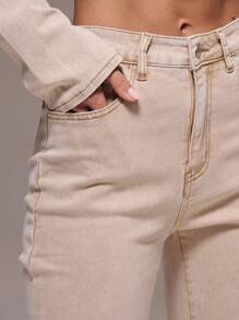 MUSERA 修身低腰喇叭水洗牛仔裤，性感波西米亚风，适合节日、假日、夏季度假，可爱优雅，时尚别致，春季必备 - 卡其色 - 查看 6