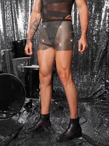FeverCity Men's Sexy Shiny Mesh Rhinestone Shorts - Black - View 5