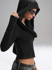 LYSMO Fashionable Solid Color Draped Neck Cropped Hoodie - Black - View 8
