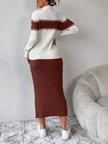 SHEIN Cottnline 2 件套女士撞色立领蝙蝠袖毛衣和双口袋针织迷你裙休闲套装 - 棕色 - 查看 2