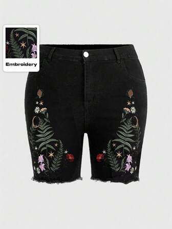 Goth Nature-Inspired Gothic Vacation Embroidered Skinny Plus Size Denim Shorts