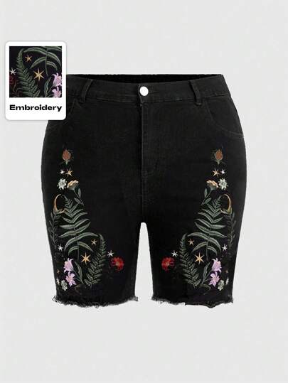 EDITION Short en jean skinny de grande taille aux motifs gothiques et inspirés de la nature, brodés