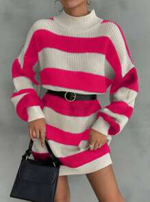 EURMUSE Women Drop Shoulder Sweater Dress With Striped Pattern,Petite - Hot Pink - View 6