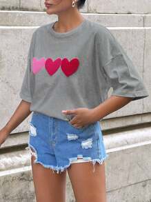 EURMUSE 100%Cotton WHITE OVERSIZE T-SHIRT WITH EMBROIDERY HEART DETAİL - Grey - View 4