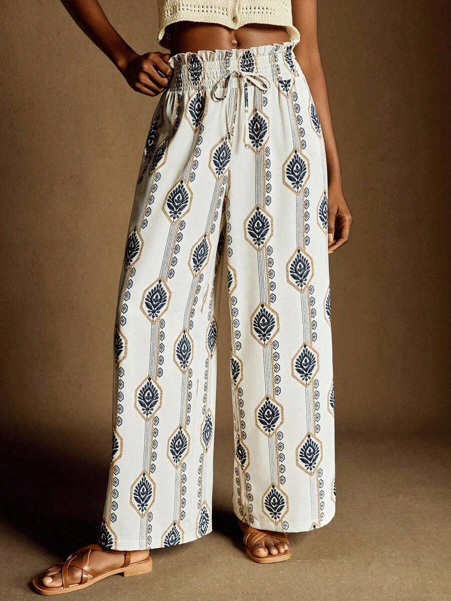 Écloséra 简约时尚修身法式复古杏色打底，搭配不对称多色条纹和荷叶边腰部。女士春夏长裤和女士度假装秋季女装 - 彩色 - 查看 1