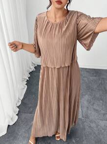 SHEIN Clasi 加大码女式几何优雅雪纺荷叶边休闲连衣裙，适合夏季教师装女士夏季服装