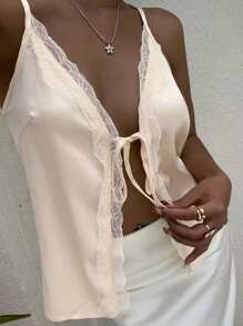 Chiquease Women's Solid Color Contrast Lace Front-Tie Casual Tank Top - Apricot - View 5