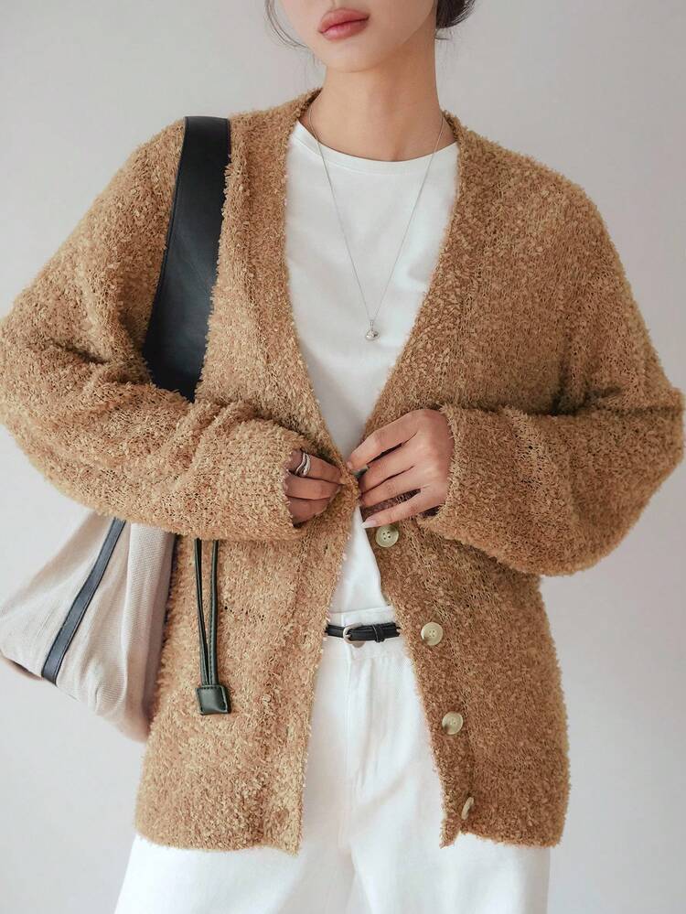 Women's Solid Color Casual Loose Fitting Cardigans, Minimalist Design In Yellow, Autumn/Spring,Fall Women Clothes Jacket