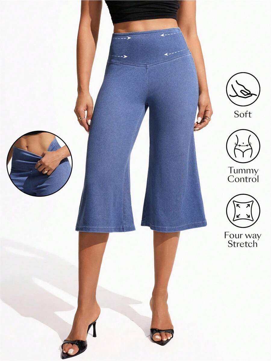 SHEIN Essnce Quần jeans ống loe lửng 3/4 cạp cao, kiểu dáng thường ngày, đa năng dành cho nữ. - Rửa trung bình - Xem 1