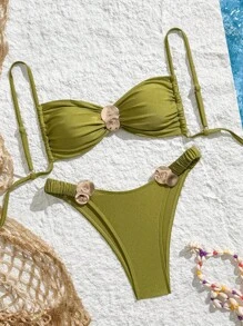 Swim Chiccia Novo conjunto de banho feminino de 2 peças para verão, praia e férias, verde suave, com ferragens metálicas, elegante, com amarração na cintura, franzido e corte alto, estilo Old Money - Verde - Ver 2