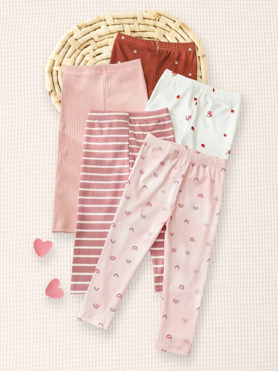 SHEIN 5入組嬰幼女童日常穿著彩虹花卉及條紋下著，適用於春夏 - 彩色 - 查看 1