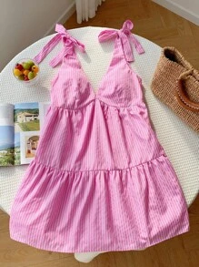 Comfortcana Damen Neues gestreiftes Minikleid mit V-Ausschnitt, Schleife und Babydoll-Stil