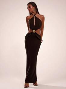 SHEIN BAE 性感吊带系带露背镂空腰部修身女式长裙 - 咖啡棕 - 查看 7