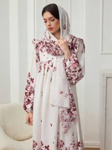 Al Najma Damen Blume Muster Stehkragen Laternenmärmmel Patchwork Volant Saum Loose Langes Kleid