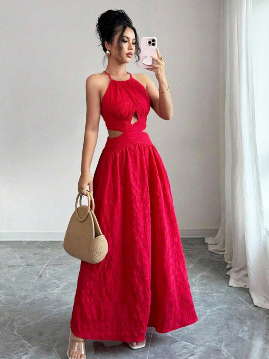 Chiquease 女式无袖交叉露背夏季连衣裙 - 紅色 - 查看 1