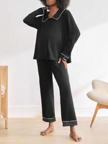 BloomMama 2pcs Color Block Trim Collar Cuff Letter Embroidered Long Sleeve Loungewear Set For Pregnant Women - Black - View 4