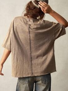 Bohemela Casual Solid Color Knit Round Neck Loose Washed Plus Size T-Shirt,Vintage - Dark Grey - View 5