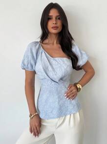 Firerie Women's Elegant Vacation Beach Graduation Daily Casual Blue Jacquard Textured Fabric Asymmetric Collar Design Puff Sleeve Cinched Waist Blouse, Suitable For Office, Airport, Travel, Going Out - Blue - View 7