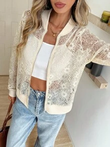 SHEIN LUNE 女式休闲蕾丝长袖拉链棒球夹克 - 杏色 - 查看 3