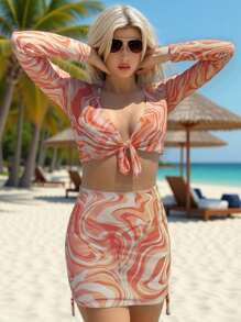 SHEIN Swim Bộ đồ bơi 4 món/bộ in họa tiết sóng tối giản cho nữ, quần bơi, áo bơi dài tay và váy bơi - trái cam - Xem 1