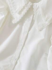 SHEIN 年轻女孩纯色彼得潘领修身休闲衬衫，女孩优雅刺绣花卉蕾丝花边长袖休闲套头衫，春/秋季，返校，白色女孩白色衬衫女孩长袖白衬衫女孩领衬衫女孩蕾丝领衬衫女孩白色衬衫秋冬 - 白色 - 查看 6