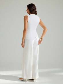 SHEIN Tall Bộ 2 áo không tay và quần vải lanh pha trộn dành cho nữ, màu trơn cho mùa thu/đông - trắng - Xem 2