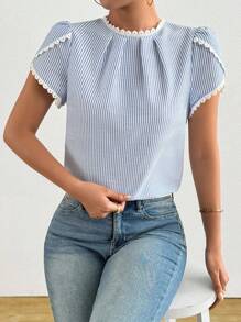 Calvaya 女式优雅条纹褶皱领荷叶边花瓣袖衬衫 - 彩色 - 查看 3