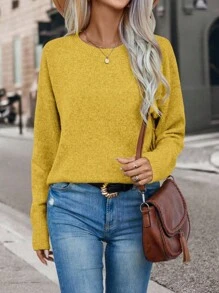 Calvaya Casual Loose Fit Solid Color Pullover Sweater, Versatile Daily Wear Knit Pullover Fall Winter - Yellow - View 3