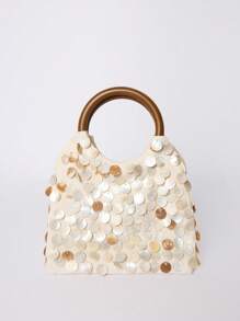 MUSERA 1pc Women's Fashion Elegant Simple Shell & Wood Handbag With Wrist Strap - Beige - View 3