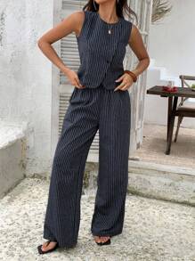 Livesso Women's Striped Crew Neck Sleeveless Top & Loose Casual Wide Leg Pant Set
