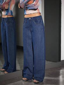 Jeanoix 女式口袋阔腿宽松休闲百搭牛仔裤